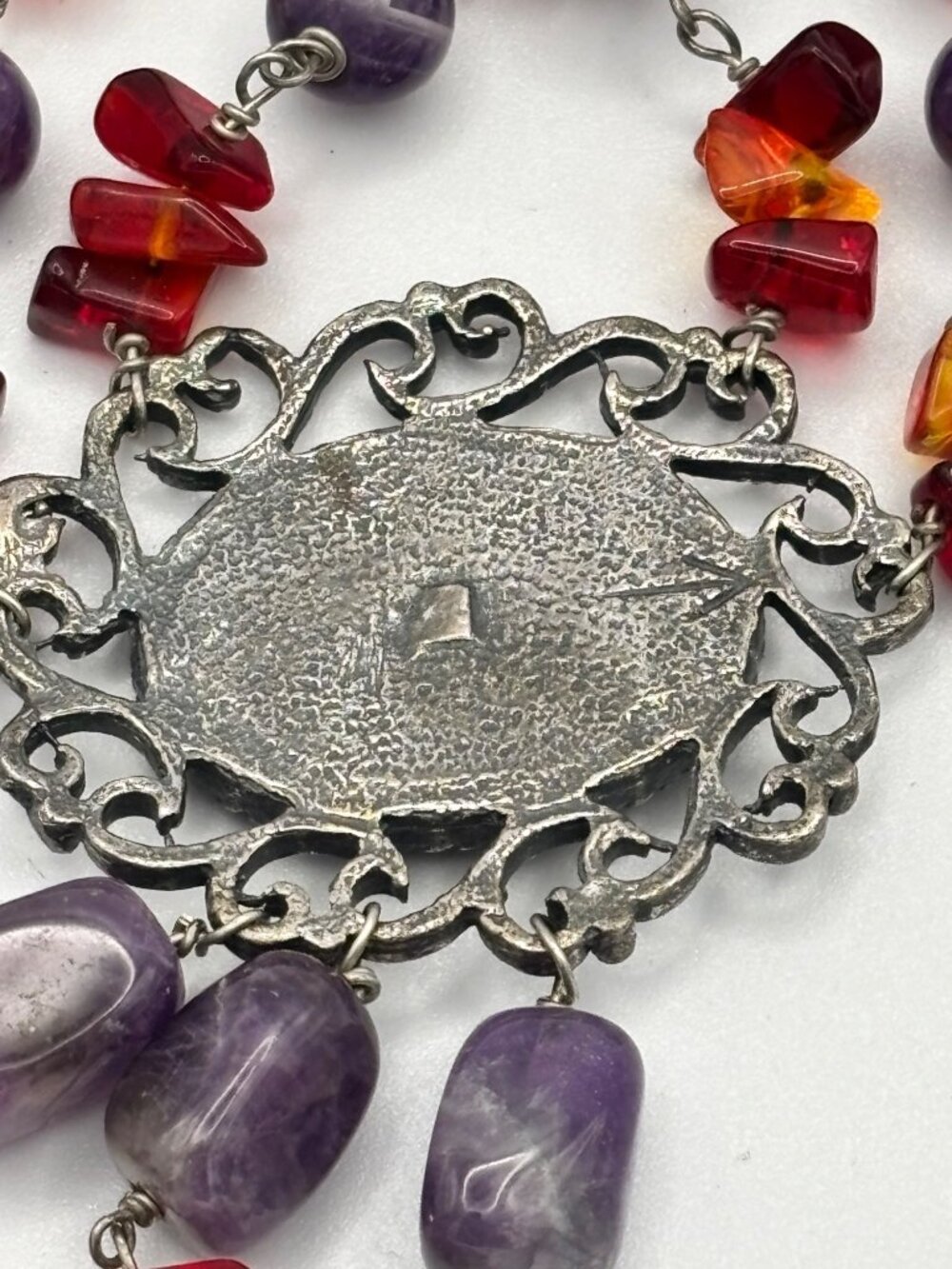 Vintage Abalone Pendant Necklace With Red Agate & Amethyst Statement - Picture 5 of 5